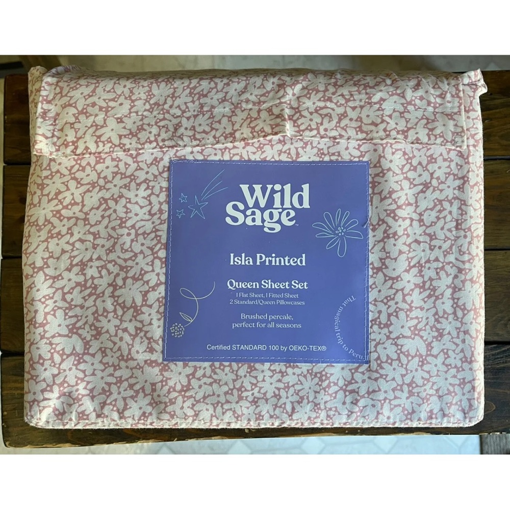 Wild Sage™ Daisy Scatter Cotton Percale 300-Thread-Count Sheet Set Pink Queen
